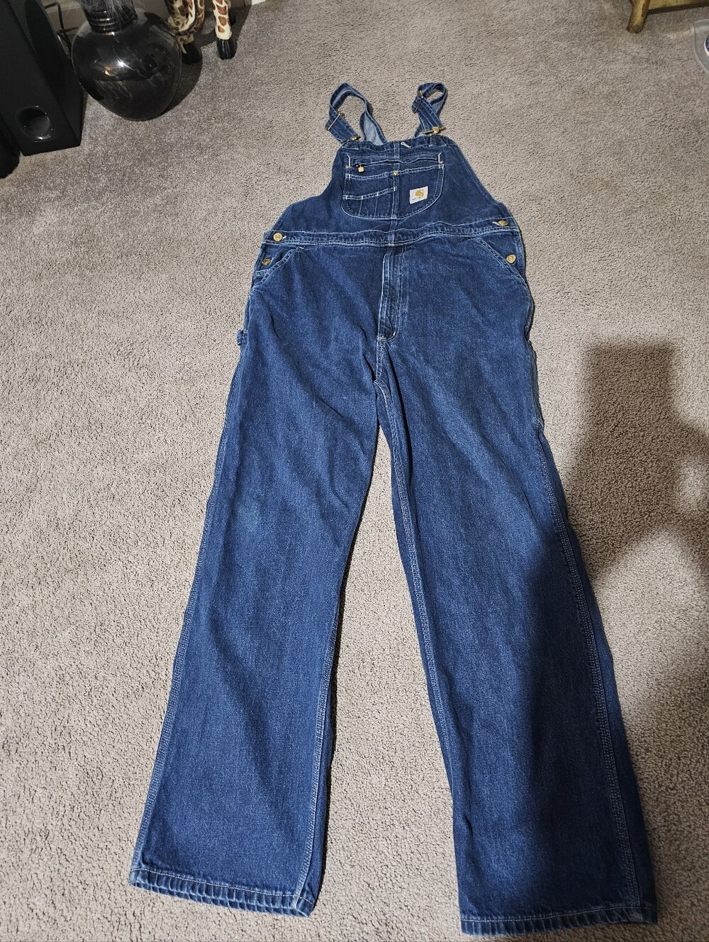 Carhartt Navy Blue Denim Bib Overalls with Brass Hardware